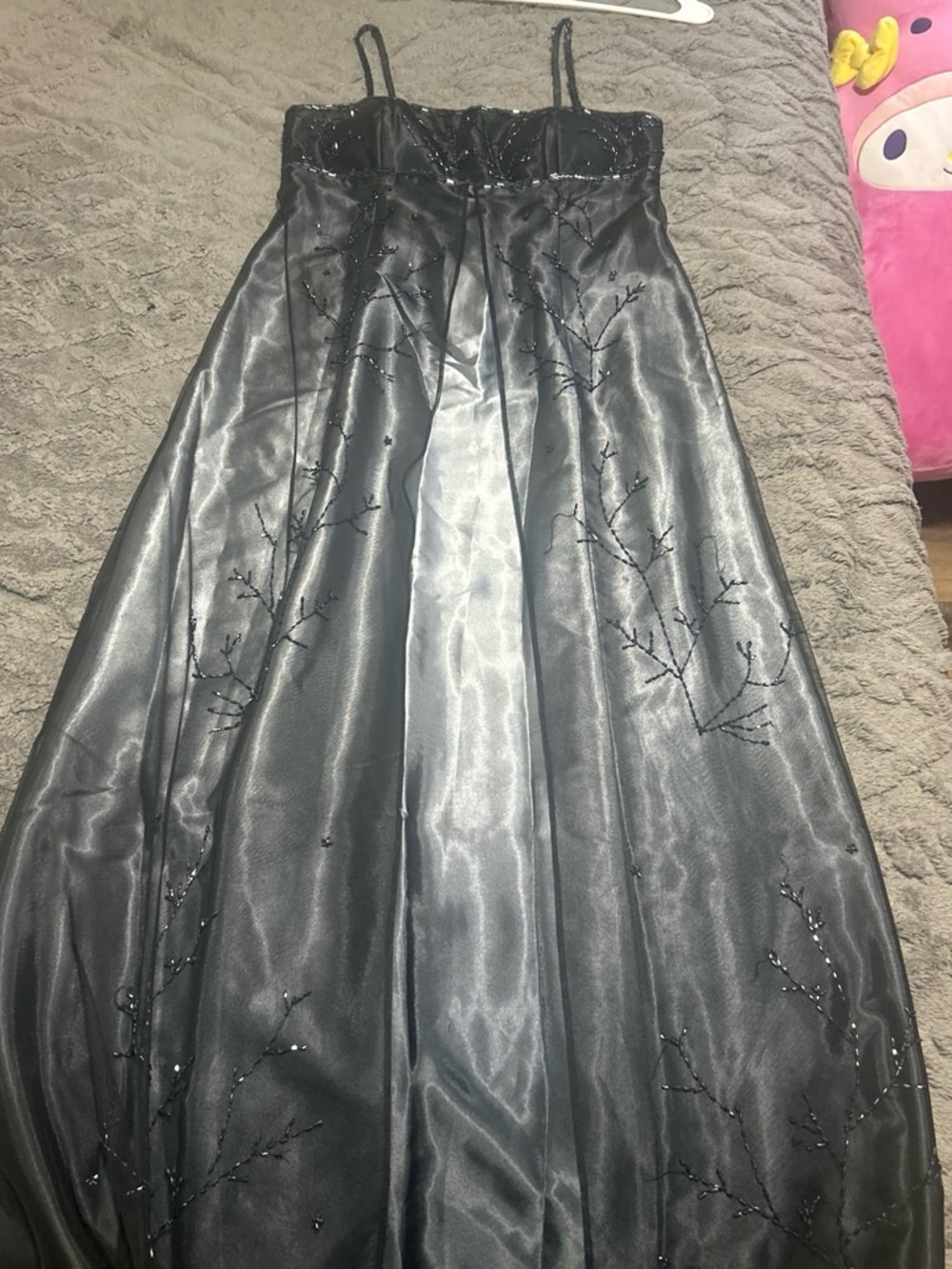 Blondie Nites Gunmetal Black Beaded Spaghetti Strap Prom Gown